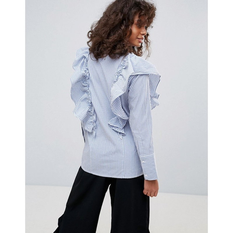 ネオンローズ レディース トップス【Neon Rose Stripe Frill Shirt】Blue ネオンローズ レディース トップス【Neon Rose Stripe Frill Shirt】Blue