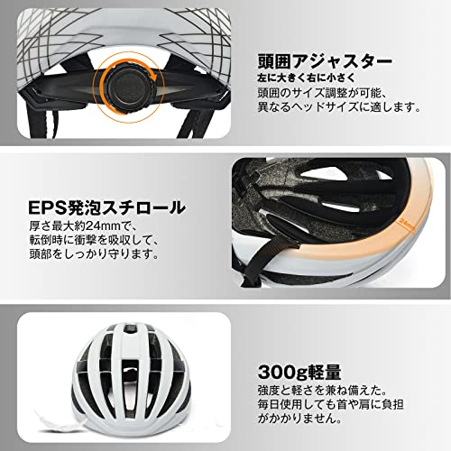 Rongbenyuan 自転車 ヘルメット 大人用 【LEDライト付】ロードバイク ヘルメット スポーツヘルメット 超軽量 17個通気口 58-62CM サイクリング 耐衝撃 高剛性 サイズ調整可能