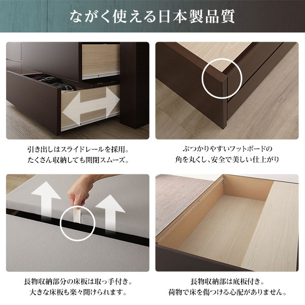 [組立設置サービス付き] 収納 ベッド 薄型 宮付き 通常丈 セミダブル 3ゾーンポケットコイルマットレス付き アイボリー 日本製