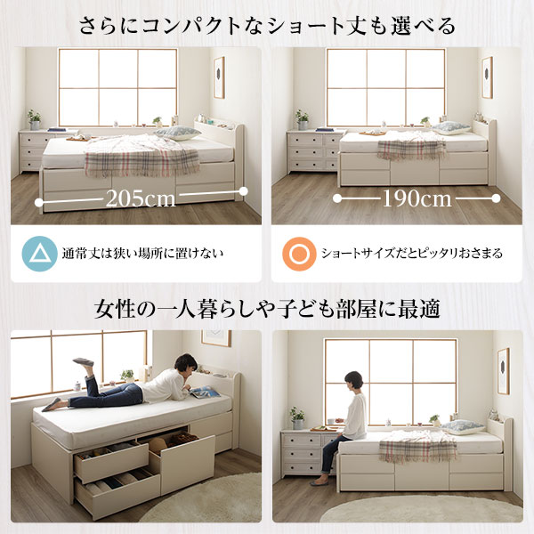 [組立設置サービス付き] 収納 ベッド 薄型 宮付き 通常丈 セミダブル 3ゾーンポケットコイルマットレス付き アイボリー 日本製