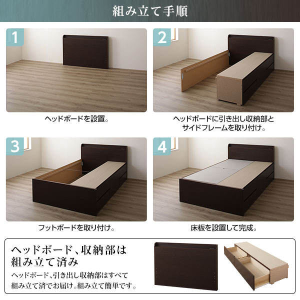 [組立設置サービス付き] 収納 ベッド 薄型 宮付き 通常丈 セミダブル 3ゾーンポケットコイルマットレス付き アイボリー 日本製