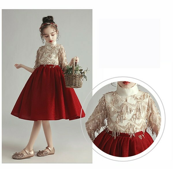 ピアノ発表会 ドレス 中学生 ワンピース 女の子 キッズドレス ショート ひざ丈 春秋向け ハイネック ガール 子供ドレス 袖あり 演奏会 フラワーガール ベールガール リングガール プリンセスドレス