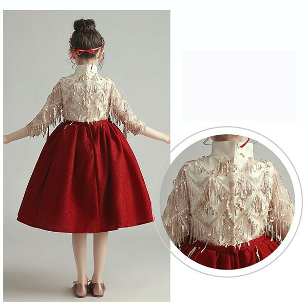 ピアノ発表会 ドレス 中学生 ワンピース 女の子 キッズドレス ショート ひざ丈 春秋向け ハイネック ガール 子供ドレス 袖あり 演奏会 フラワーガール ベールガール リングガール プリンセスドレス