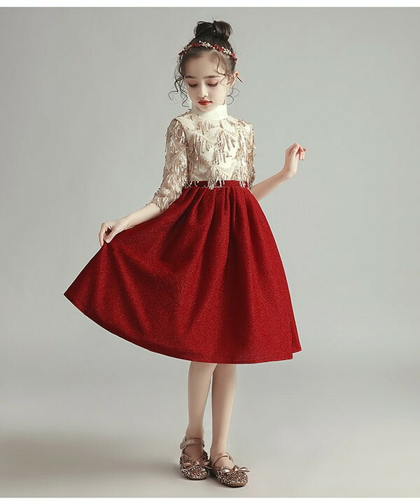 ピアノ発表会 ドレス 中学生 ワンピース 女の子 キッズドレス ショート ひざ丈 春秋向け ハイネック ガール 子供ドレス 袖あり 演奏会 フラワーガール ベールガール リングガール プリンセスドレス