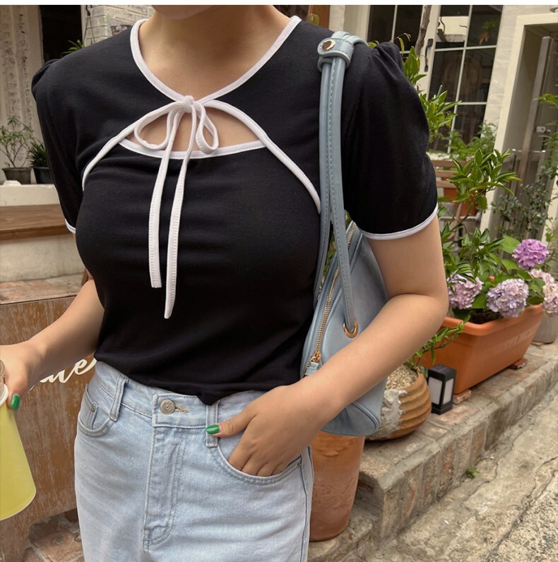トップス Tシャツ カットソー 半袖 リボン かわいい シンプル カジュアル 上品 ラブリー キュート ガーリー 春 夏 学生 通学 デート お出かけ 女子会 海 プール トップス Tシャツ カットソー 半袖 リボン かわいい シンプル