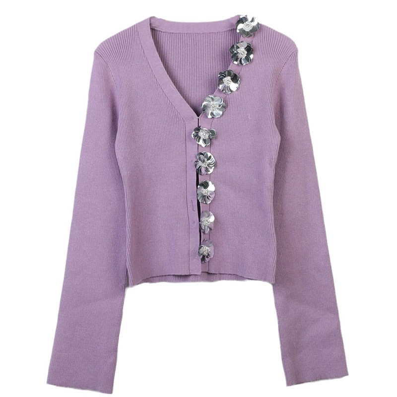 ニットカーディガン 長袖 Vネック ニット スパンコール フラワー ボタン 前開き スリム 細身 韓国 レディース かわいい 可愛い キュート 大人可愛い 大人女子 シンプル きれいめ