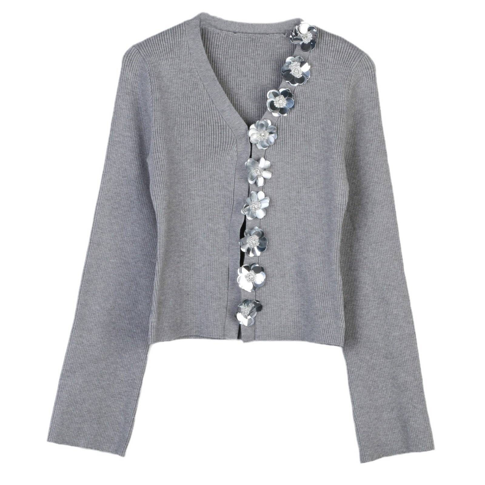 ニットカーディガン 長袖 Vネック ニット スパンコール フラワー ボタン 前開き スリム 細身 韓国 レディース かわいい 可愛い キュート 大人可愛い 大人女子 シンプル きれいめ