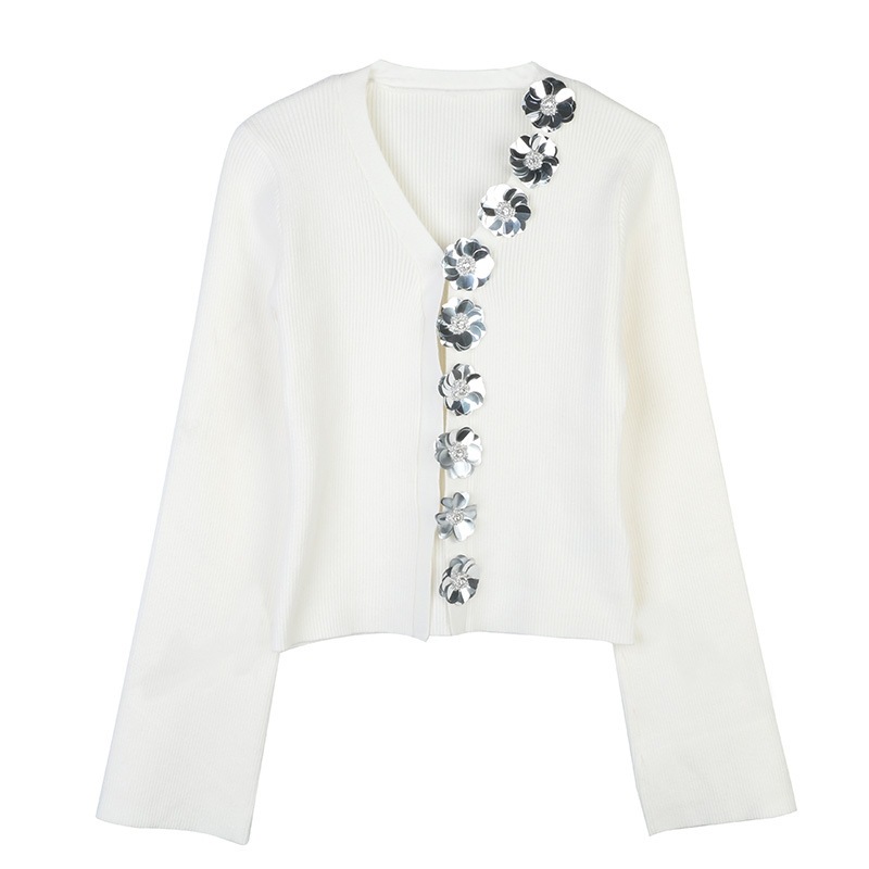 ニットカーディガン 長袖 Vネック ニット スパンコール フラワー ボタン 前開き スリム 細身 韓国 レディース かわいい 可愛い キュート 大人可愛い 大人女子 シンプル きれいめ