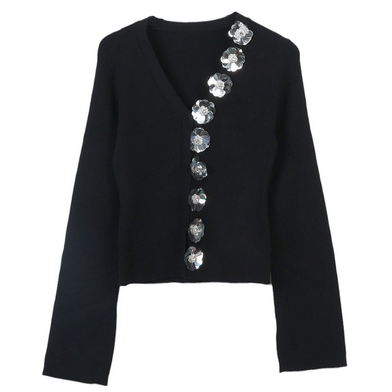 ニットカーディガン 長袖 Vネック ニット スパンコール フラワー ボタン 前開き スリム 細身 韓国 レディース かわいい 可愛い キュート 大人可愛い 大人女子 シンプル きれいめ
