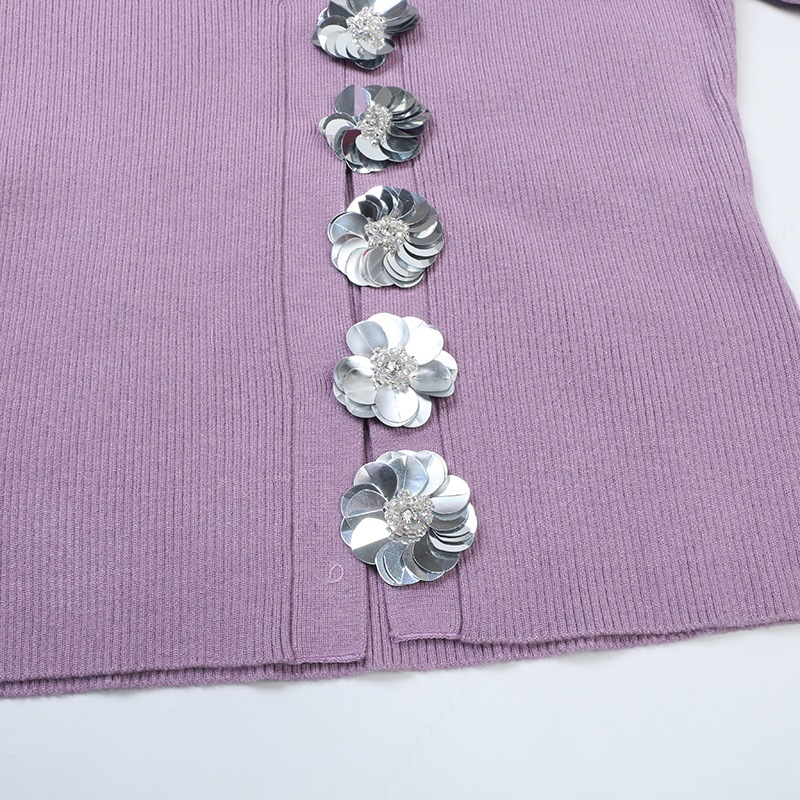 ニットカーディガン 長袖 Vネック ニット スパンコール フラワー ボタン 前開き スリム 細身 韓国 レディース かわいい 可愛い キュート 大人可愛い 大人女子 シンプル きれいめ