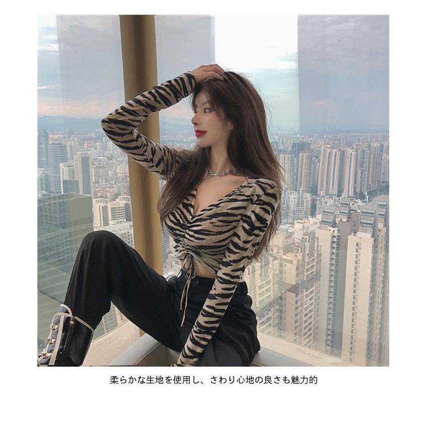 ショートTシャツ レディース Tシャツ へそだし 長袖 Vネック シマウマ柄 ショート丈 ストレッチ 伸縮性 お洒落 カジュアル セクシー バレンタイン 2023 プレゼント
