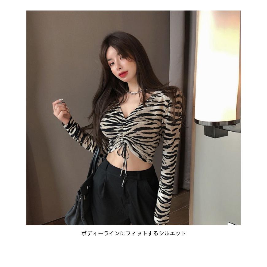 ショートTシャツ レディース Tシャツ へそだし 長袖 Vネック シマウマ柄 ショート丈 ストレッチ 伸縮性 お洒落 カジュアル セクシー バレンタイン 2023 プレゼント