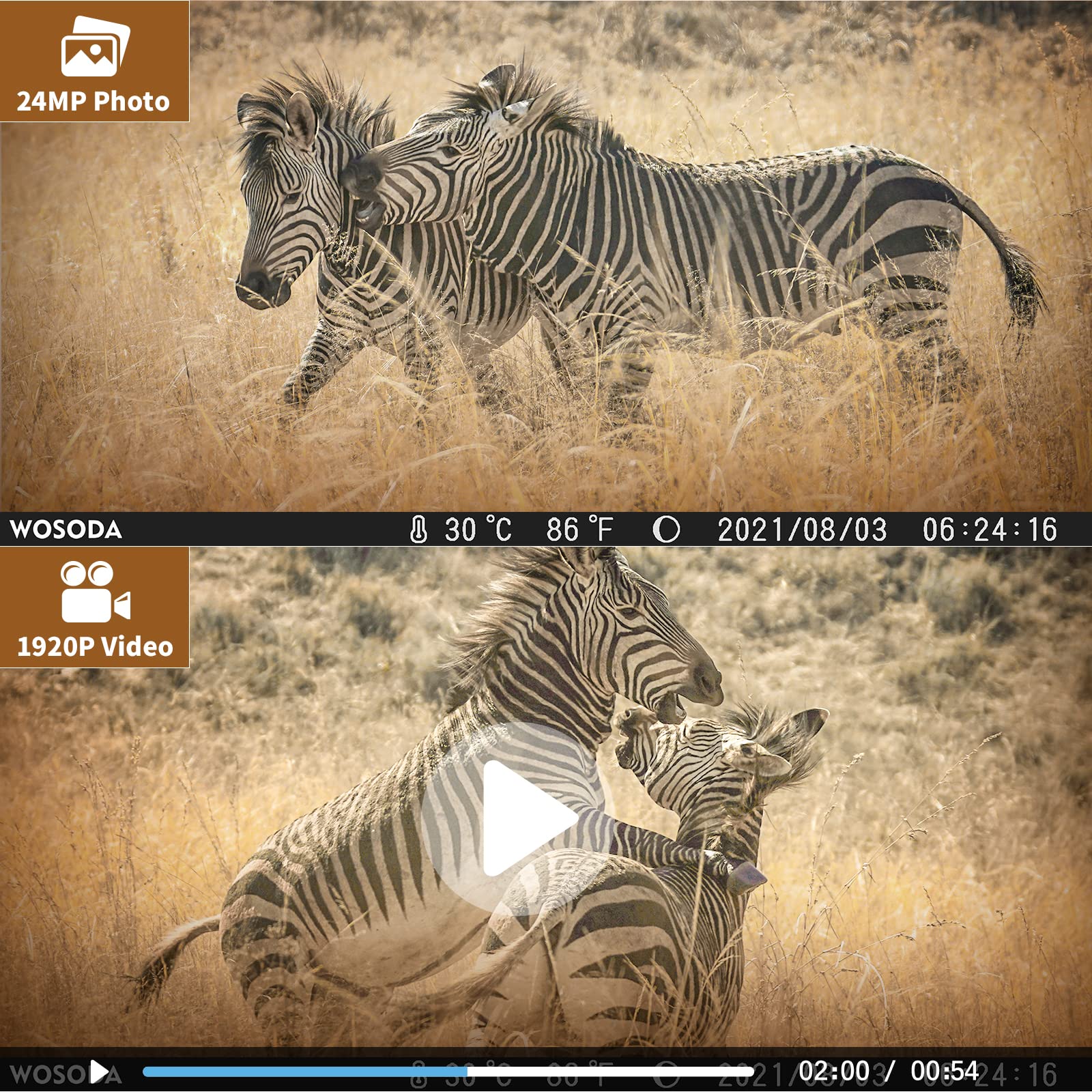 トレイルカメラ WOSODA 防犯カメラ 赤外線カメラ 1920PフルHD 2400万画素 IP66級防水防塵 32GBメモリーカード付き 0.2s超高速トリガー 120超広検知範囲 内蔵マイク 電池