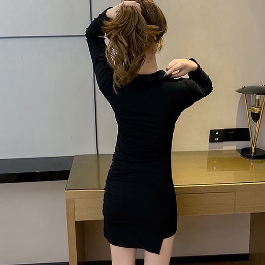 ワンピース ミニ ミニ丈 ショート ショート丈 袖あり 長袖 Vネック 襟付き ポロカラー スリム タイト 細身 かわいい 大人可愛い きれいめ シンプル 大人 おしゃれ お洒落 かっこいい こなれ感