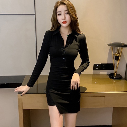 ワンピース ミニ ミニ丈 ショート ショート丈 袖あり 長袖 Vネック 襟付き ポロカラー スリム タイト 細身 かわいい 大人可愛い きれいめ シンプル 大人 おしゃれ お洒落 かっこいい こなれ感