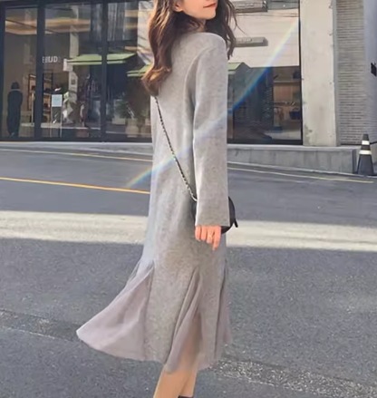 レディース ワンピース プルオーバー ミモレ ロング 長袖 ハイネック Aライン 切り替えデザイン ドッキング メッシュ 大人可愛い きれいめ シンプル カジュアル 上品 おしゃれ レトロ ラフ
