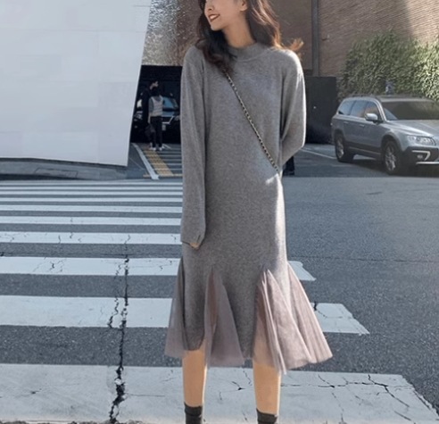 レディース ワンピース プルオーバー ミモレ ロング 長袖 ハイネック Aライン 切り替えデザイン ドッキング メッシュ 大人可愛い きれいめ シンプル カジュアル 上品 おしゃれ レトロ ラフ