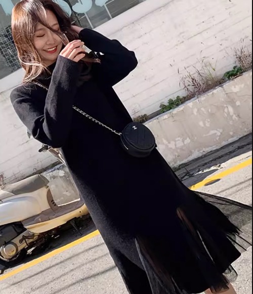 レディース ワンピース プルオーバー ミモレ ロング 長袖 ハイネック Aライン 切り替えデザイン ドッキング メッシュ 大人可愛い きれいめ シンプル カジュアル 上品 おしゃれ レトロ ラフ