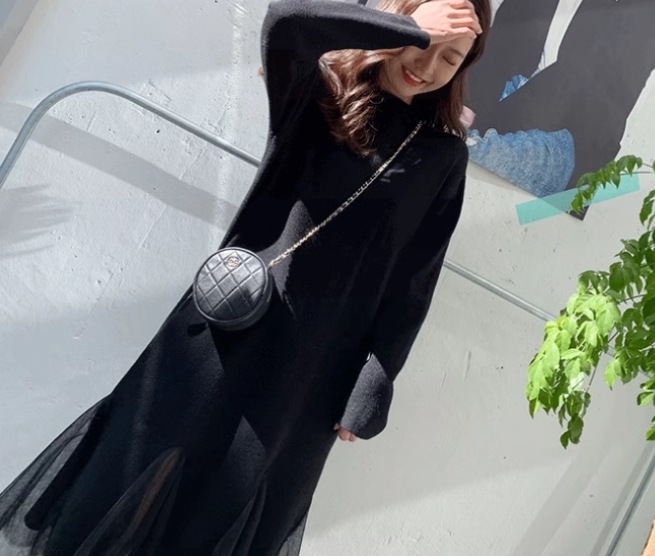 レディース ワンピース プルオーバー ミモレ ロング 長袖 ハイネック Aライン 切り替えデザイン ドッキング メッシュ 大人可愛い きれいめ シンプル カジュアル 上品 おしゃれ レトロ ラフ