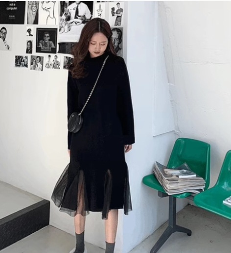 レディース ワンピース プルオーバー ミモレ ロング 長袖 ハイネック Aライン 切り替えデザイン ドッキング メッシュ 大人可愛い きれいめ シンプル カジュアル 上品 おしゃれ レトロ ラフ