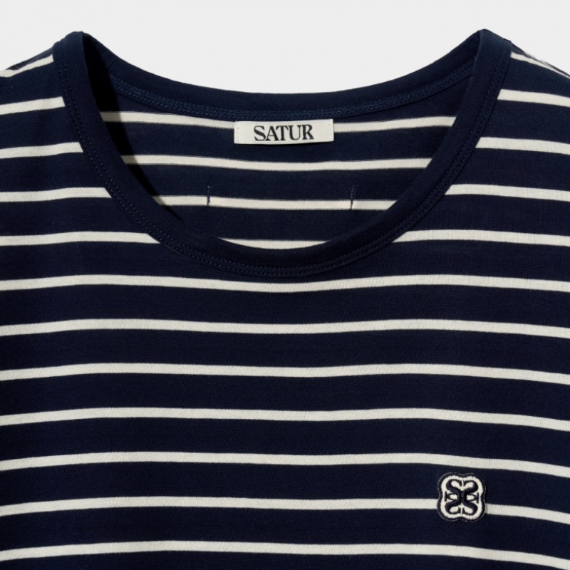 SATUR オールデイコットンストライプショートスリーブ T シャツクラシックネイビー SATUR オールデイコットンストライプショートスリーブ T シャツクラシックネイビー