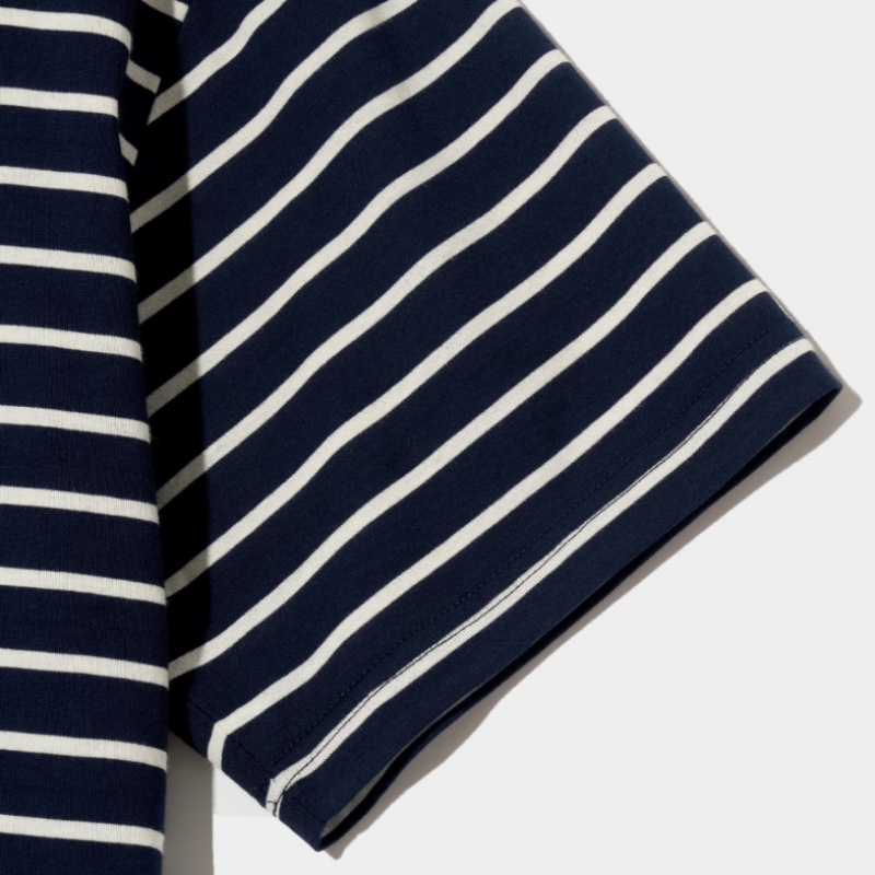 SATUR オールデイコットンストライプショートスリーブ T シャツクラシックネイビー SATUR オールデイコットンストライプショートスリーブ T シャツクラシックネイビー