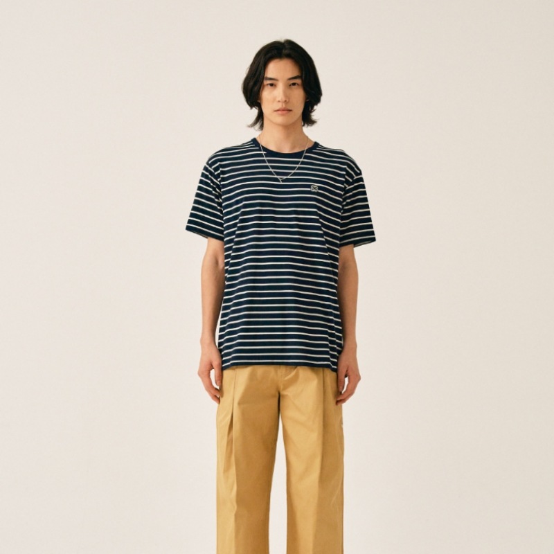 SATUR オールデイコットンストライプショートスリーブ T シャツクラシックネイビー SATUR オールデイコットンストライプショートスリーブ T シャツクラシックネイビー