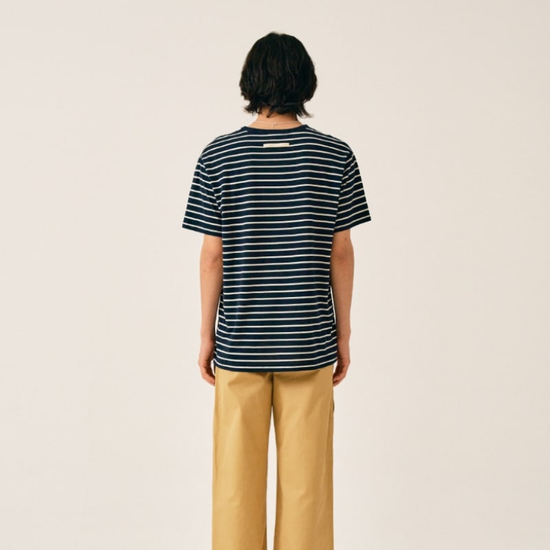 SATUR オールデイコットンストライプショートスリーブ T シャツクラシックネイビー SATUR オールデイコットンストライプショートスリーブ T シャツクラシックネイビー