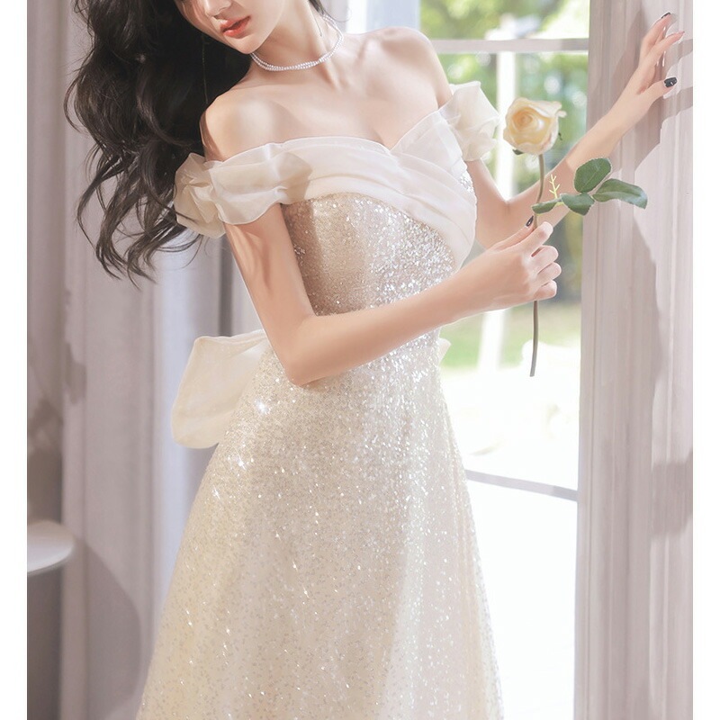 イブニングドレス オフショルダー シャンパンゴールド 発表会ドレス