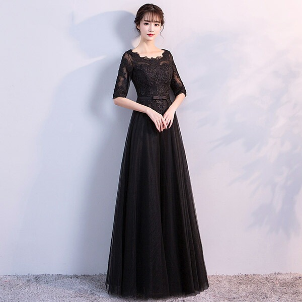 新入荷！ドレス 大人 ピアノ 発表会 演奏会用ドレス ロングドレス 演奏会 イブニングドレス 結婚式 母親 ピアノ発表会 中学生 パーティードレス 発表会ドレス 袖付き 黒 高校生 大きいサイズ コン_10