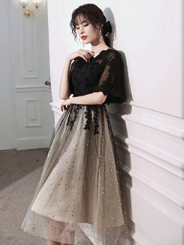 結婚式ワンピース パーティードレス ロング丈 ミモレ丈 母親 結婚式 五分袖 ラウンドネック バイカラー 透け感 成人式 同窓会 ドレス 大人 ピアノ 発表会 Aライン ステージドレス 二次会 ウエデ