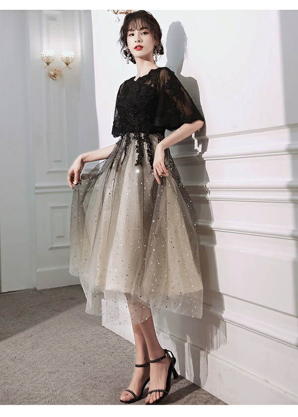 結婚式ワンピース パーティードレス ロング丈 ミモレ丈 母親 結婚式 五分袖 ラウンドネック バイカラー 透け感 成人式 同窓会 ドレス 大人 ピアノ 発表会 Aライン ステージドレス 二次会 ウエデ