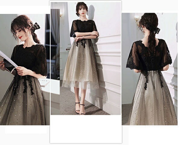 結婚式ワンピース パーティードレス ロング丈 ミモレ丈 母親 結婚式 五分袖 ラウンドネック バイカラー 透け感 成人式 同窓会 ドレス 大人 ピアノ 発表会 Aライン ステージドレス 二次会 ウエデ