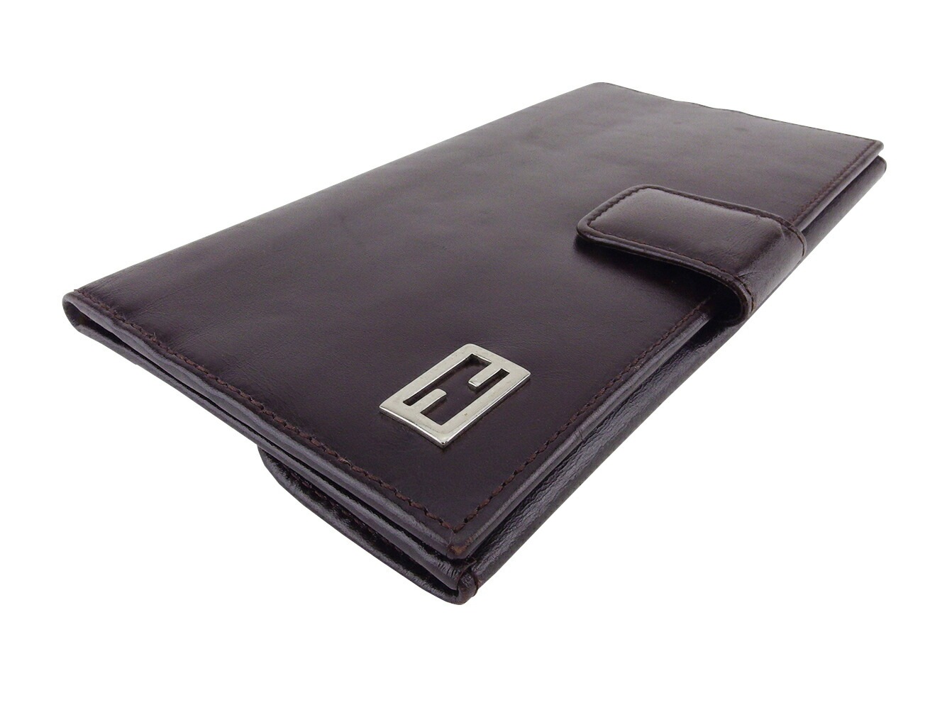 長財布 Wホック 財布 FFプレート レディース メンズ ブラウン シルバー 中古