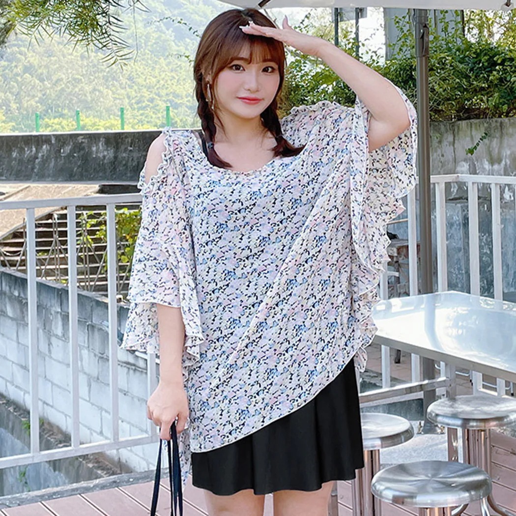 水着 レディース ワンピース バッククロス ストラップ オープンショルダー ５分袖 黒 ショートパンツ 3点セット 大きいサイズ 体型カバー水着 ぽっちゃり 可愛い 花柄 ワイヤー 一体型パッド