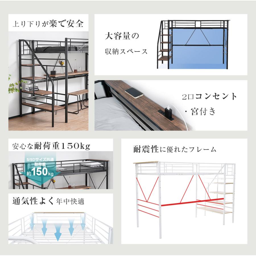 短納期！【メッシュ床板】ロフトベッド 階段付き S パイプベッド シングル コンセント付き 収納 シェルフ付き 子供ベッド ハイタイプ　スチール 耐震 ベッド シングル