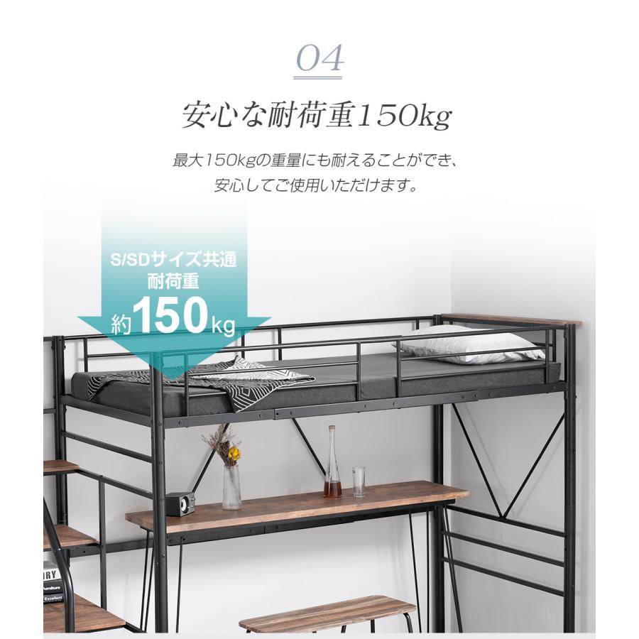 短納期！【メッシュ床板】ロフトベッド 階段付き S パイプベッド シングル コンセント付き 収納 シェルフ付き 子供ベッド ハイタイプ　スチール 耐震 ベッド シングル