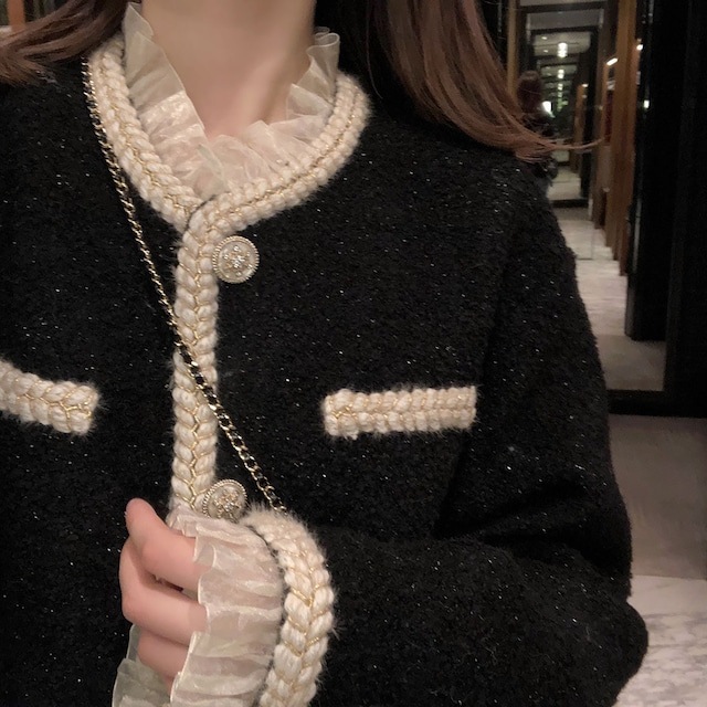 ツイードジャケット ノーカラージャケット レディース ジャケット アウター ミディアム丈 ラメ フリル パーティー エレガント カジュアル きれいめ 通勤 オフィス ママコーデ a4497