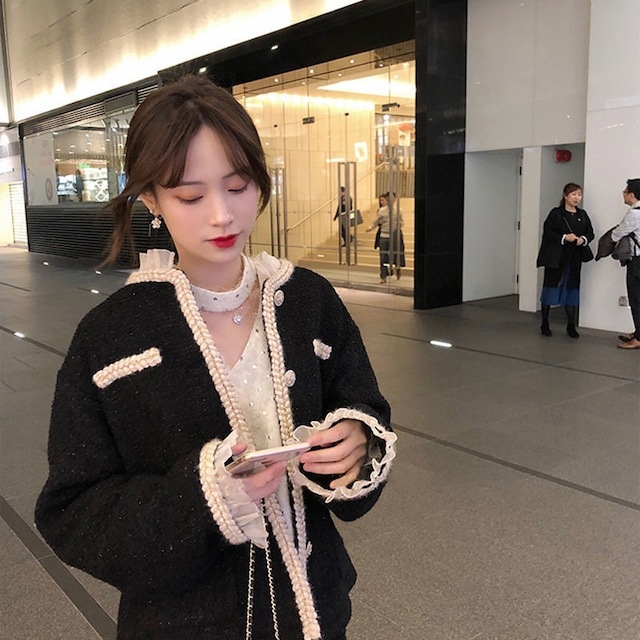 ツイードジャケット ノーカラージャケット レディース ジャケット アウター ミディアム丈 ラメ フリル パーティー エレガント カジュアル きれいめ 通勤 オフィス ママコーデ a4497