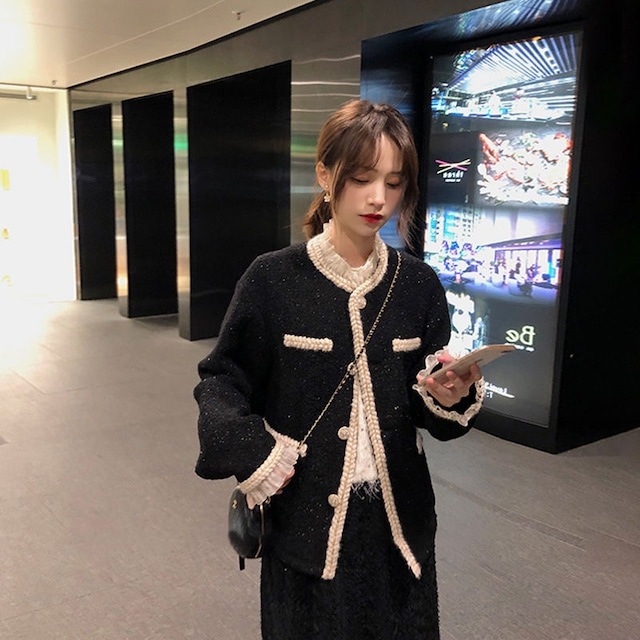 ツイードジャケット ノーカラージャケット レディース ジャケット アウター ミディアム丈 ラメ フリル パーティー エレガント カジュアル きれいめ 通勤 オフィス ママコーデ a4497