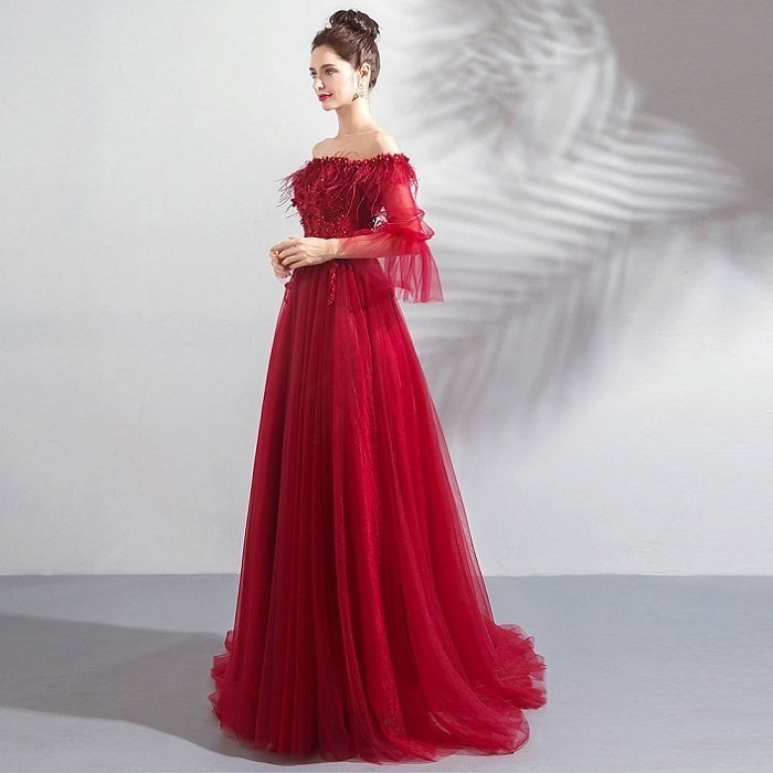 長袖 カラードレス パーティードレス レッド 演奏会用ドレス ロングドレス ウェディングドレス 発表