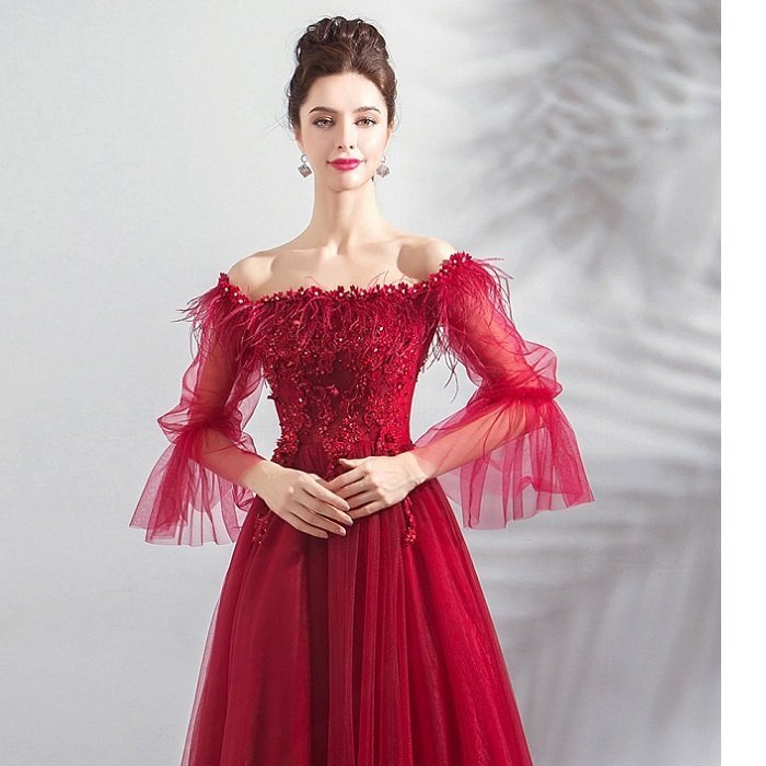 長袖 カラードレス パーティードレス レッド 演奏会用ドレス ロングドレス ウェディングドレス 発表