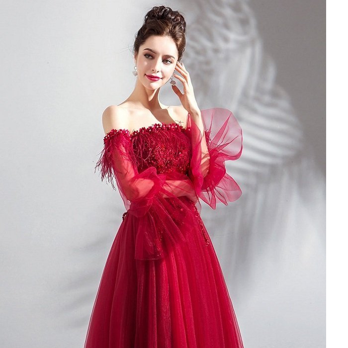 長袖 カラードレス パーティードレス レッド 演奏会用ドレス ロングドレス ウェディングドレス 発表