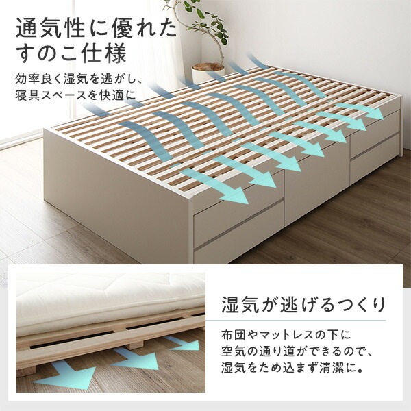 [組立設置サービス付き] 収納 ベッド ヘッドレス 通常丈 セミダブル 3ゾーンポケットコイルマットレス付き ブラウン 収納付き すのこ 日本製 （北海道/沖縄/離島配送不可）