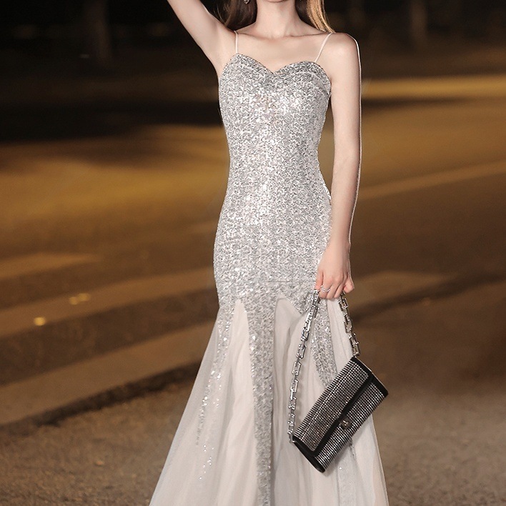 ドレス 衣装 イブニングドレス ロングドレス キャミソールドレス ロング丈 異素材ミックス キラキラ フィッシュテール シースルー ステージドレス 発表会 かわいい 大人可愛い きれいめ シンプル