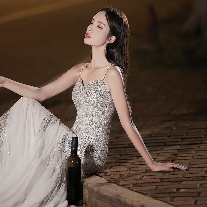 ドレス 衣装 イブニングドレス ロングドレス キャミソールドレス ロング丈 異素材ミックス キラキラ フィッシュテール シースルー ステージドレス 発表会 かわいい 大人可愛い きれいめ シンプル