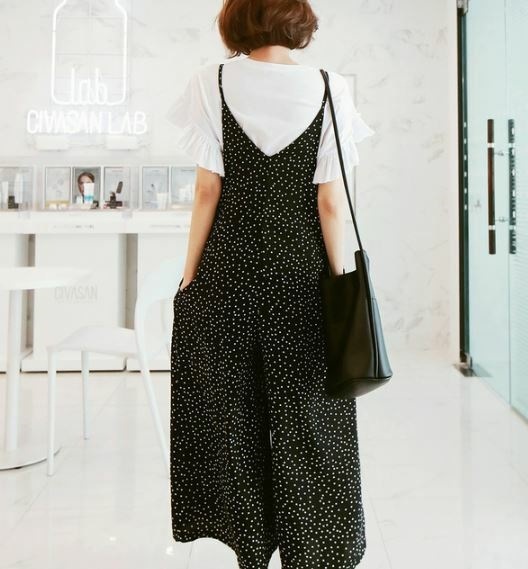 ジャンプスーツ ... : レディース服 ワイドパンツ ドット柄 得価