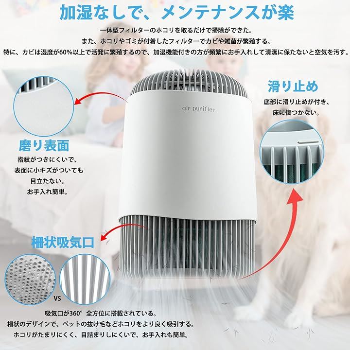 空気清浄機 ペット 猫の毛 ペットの毛 小型 花粉 静音 部屋用 18畳 360度吸引 ナイトライト 三段風量設定 加湿なし BAP-520-HF