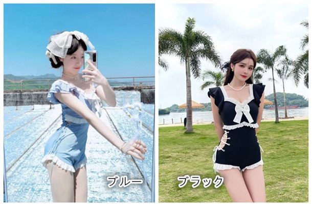 フリル ワンピース水着 体型カバー ブルー ブラック パッド付 無地 S M L XL かわいい レディース水着 パレオ追加可 フリル ワンピース水着 体型カバー ブルー ブラック パッド付 無地 S M L XL かわいい レディース水着 パレオ追加可