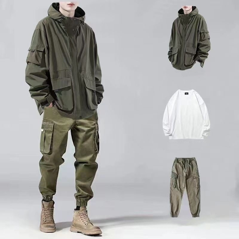 秋冬新作 メンズファッション3点セット ハンサム防風アウター+シンプルTシャツ+ゆったりカーゴパンツセット 母の日-0002657 秋冬新作 メンズファッション3点セット ハンサム防風アウター+シンプルTシャツ+ゆったりカーゴパンツセット 母の日-0002657